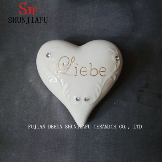 White Porcelain Christmas Decorations Heart Shaped Home Ornaments, Handmade with Artificial crystal