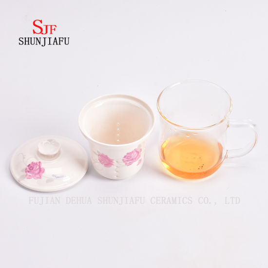 Heat - Resistant Glass Flower Cup Ceramic Liner Filter on Office Transparent Cups Covered, 400ml