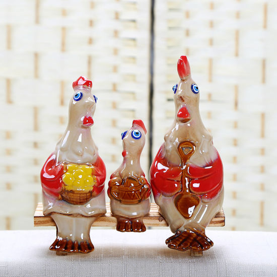Set of 3 Family Originality Plump Ceramic Glazed Rooster Figures