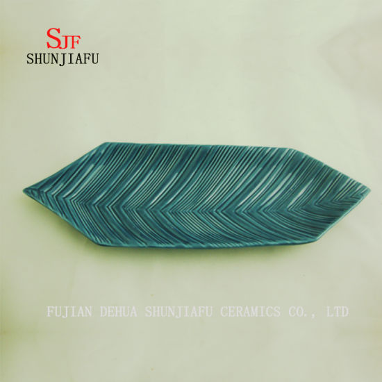 Blue Water Lines Leaf Ceramic Serving Plate Sauce Dish Ceramic