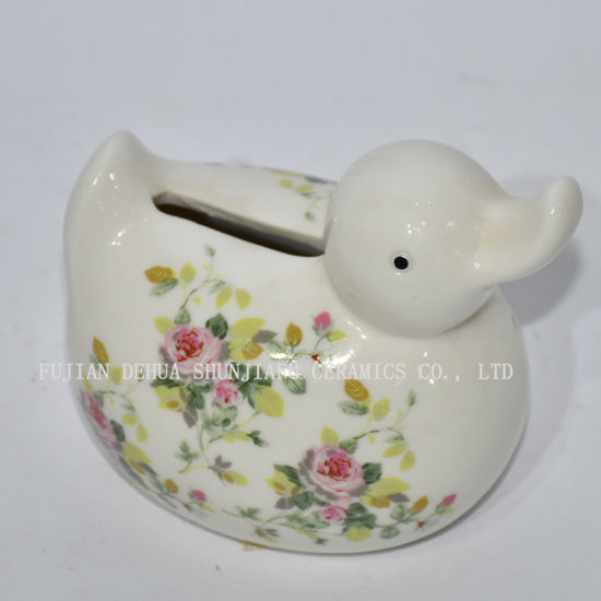 Ceramic Small Duck with Flower Decals Piggy Bank