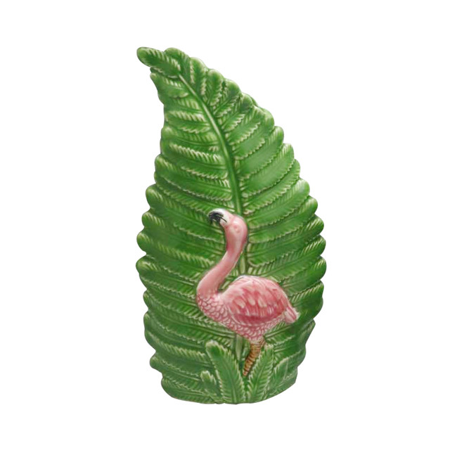 Green Ceramic Leaf Vase Embossed Pink Flamingo Vase