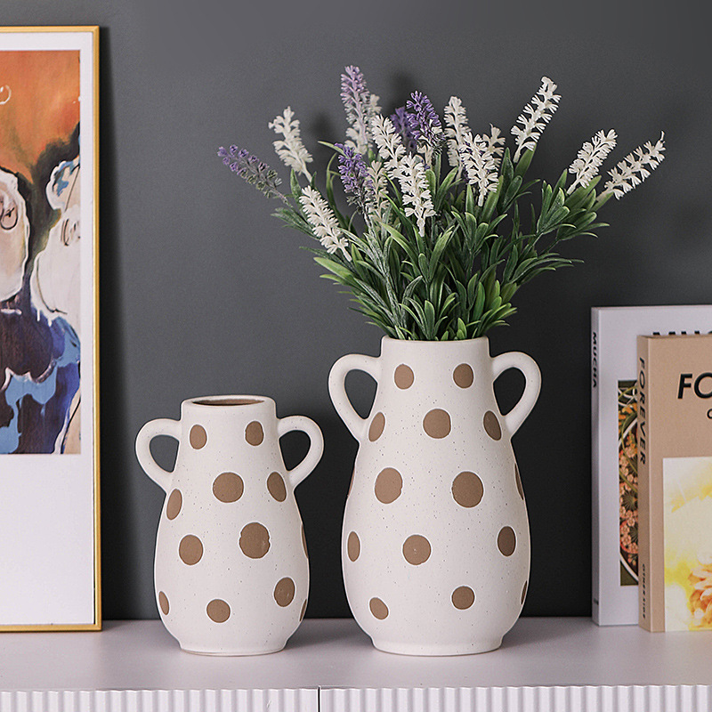 Ceramic vase with two ears Gold dot pattern Ceramic face design vase, flower arrangement container Home Furnishing decoration