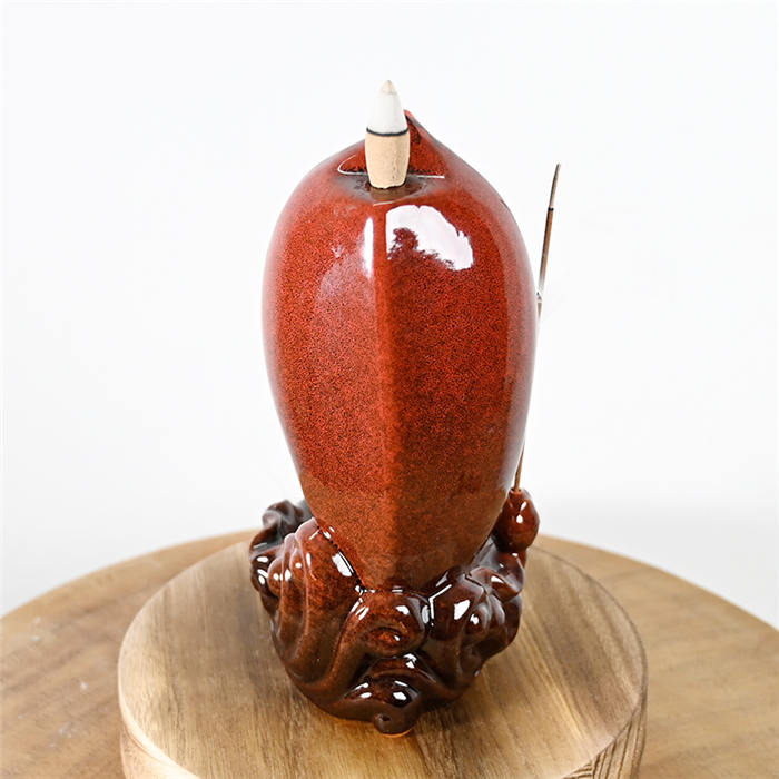 Red Ceramic Lotus Leaf Statue Waterfall Backflow Incense Cones Burner