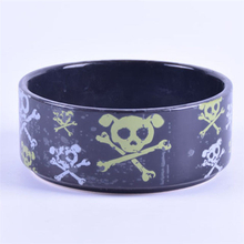 Black Glaze Print Skull Picture Ceramic Pet Feeder Ceramic Dog Bowl