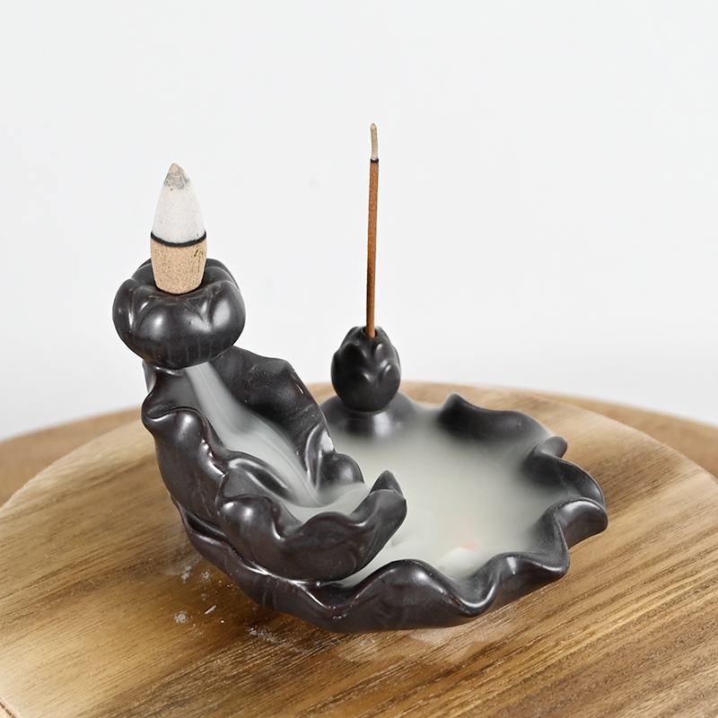 Ceramic Waterfall Backflow Incense Burner Lotus Style Design Two Goldfish Playing