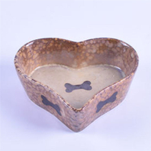 Brown Heart Shaped Bowl Printed Bone Picture Ceramic Pet Feeder Ceramic Dog Bowl