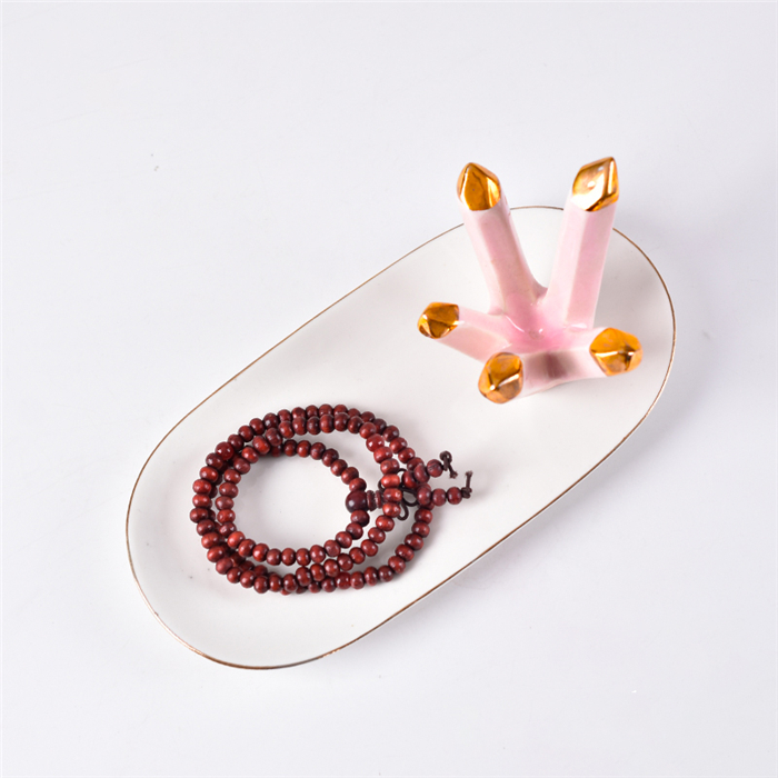 Personalisedjewel Diamond conicalness design Golden edge oval ceramic ewelry Tray
