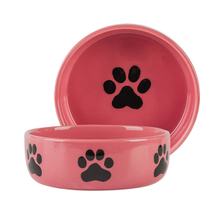 with Dog Footprints Printing Circular Printed Bone at The Bowl Bottom Ceramic Dog Feed Pink Ceramic Pet Feeder Pink Ceramic Dog Bowl