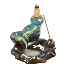 Ceramic Waterfall Backflow Incense Burner Green Lotus Style Design Two Goldfish Playing