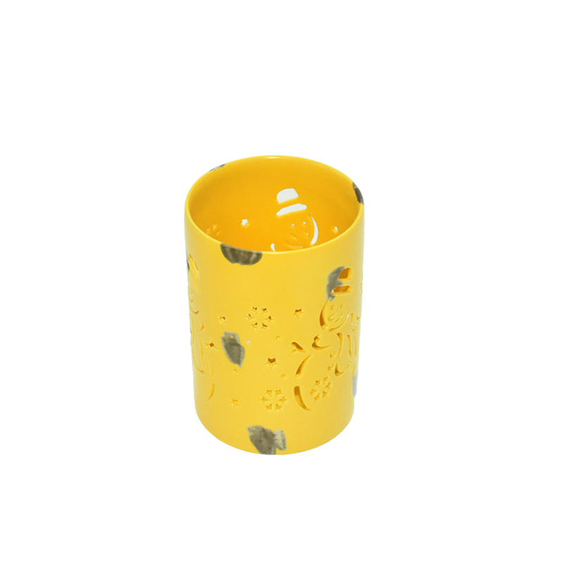 Hollowed Out Christmas Snowman Yellow Glaze Ceramic Candles Lanterns