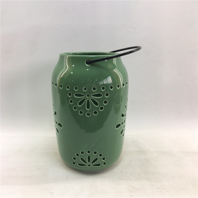 Home Furnishing Decorationgreen Ceramic Cylinder Strip Shape Style Hollowing Out Hurricane Ceramic Lantern