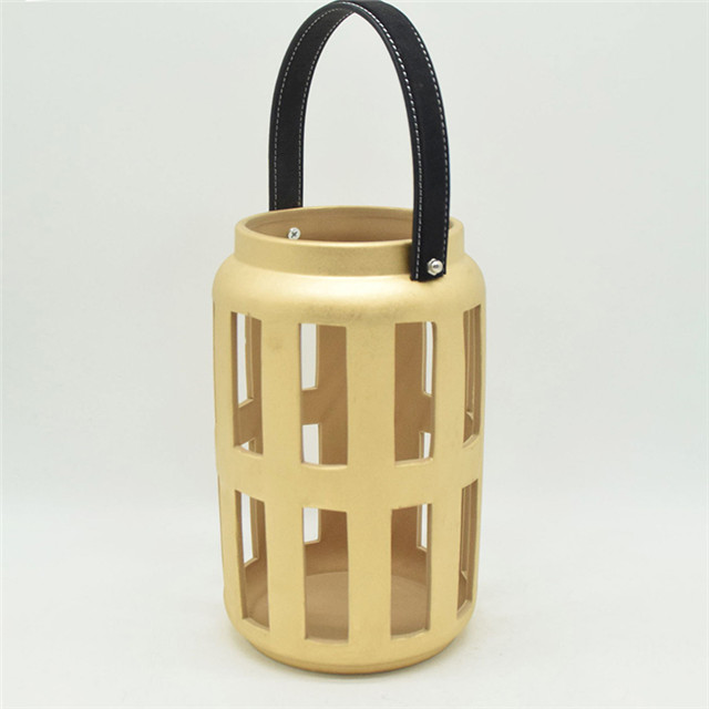 Home Furnishing Decoration Light Yellow Ceramic Cylinder Strip Shape Style Hollowing Out Hurricane Lantern